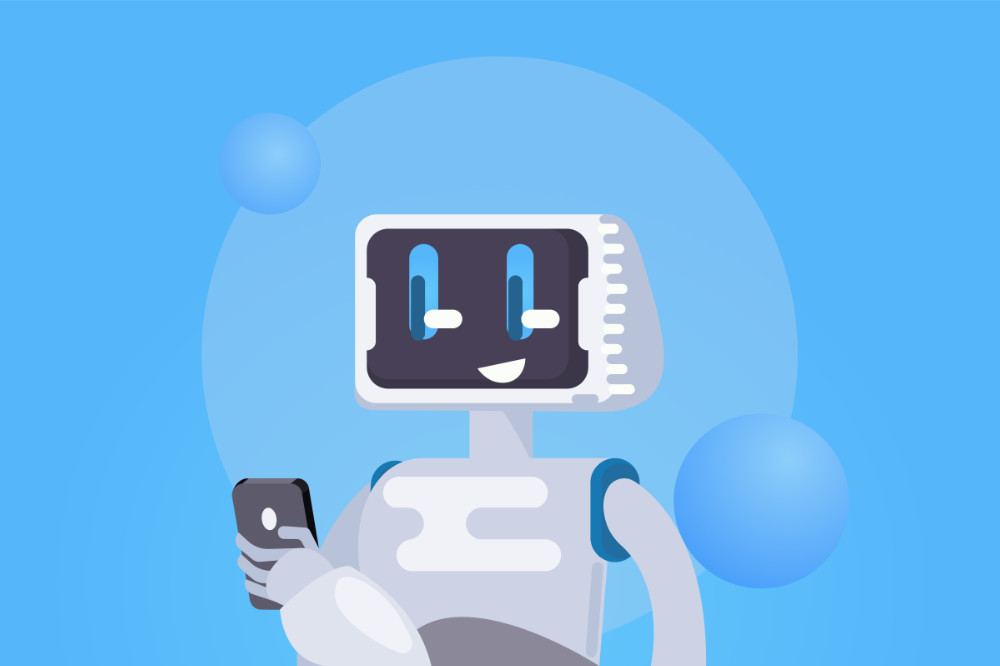 Chat Bot Free Wallpaper. The robot holds the phone, responds to